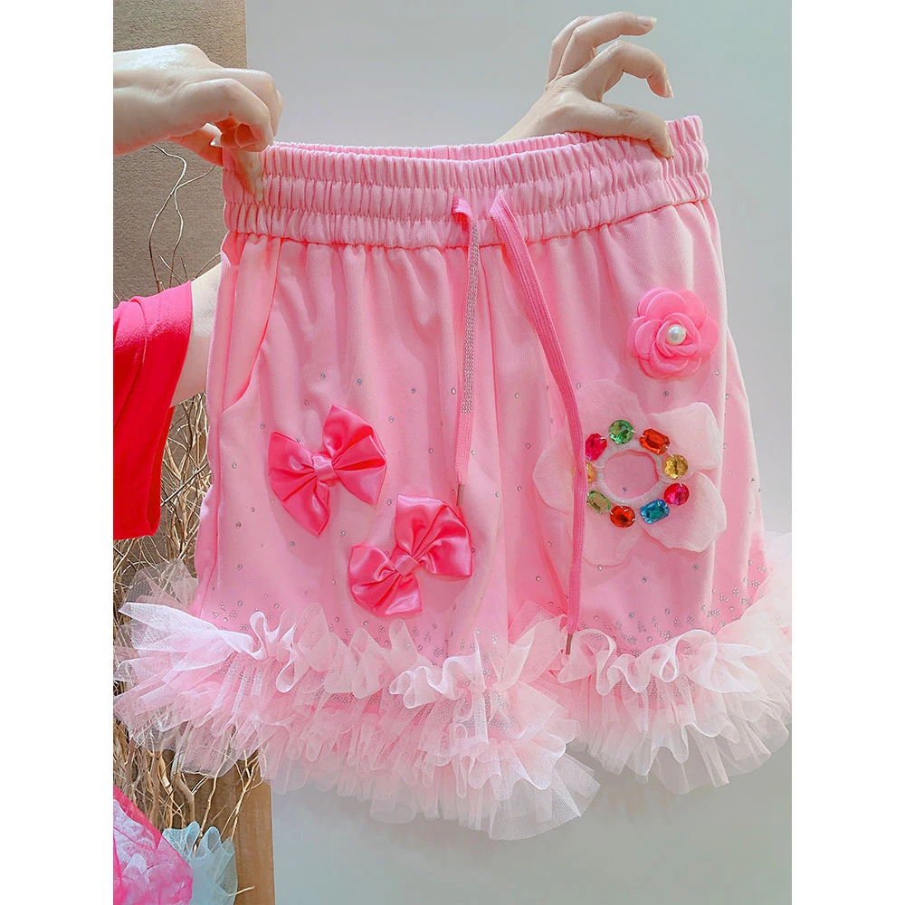 休闲短裤女夏新款原创设计松紧腰显瘦百搭粉色休闲裤阔腿裤