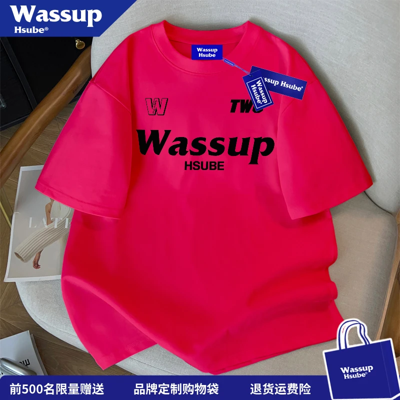 WASSUP HSUBE韩版新款火龙果色短袖T恤男女夏季ins字母印花上衣服