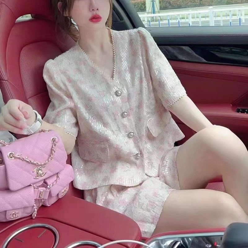 欧货V领复古碎花小香风两件套女夏2025新款高腰阔腿短裤休闲套装