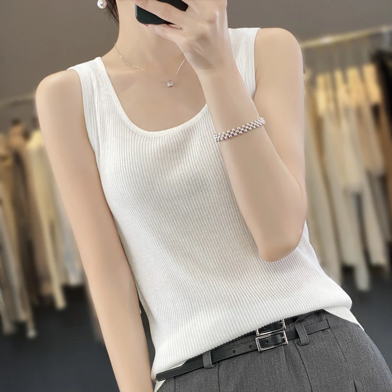 夏季显瘦针织背心通勤气质百搭外穿无袖背心高端天丝修身U领打底