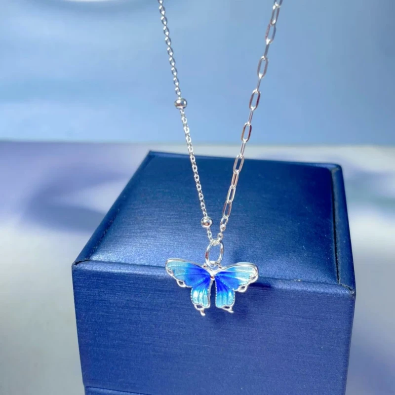 吊坠足银 990国风珐琅彩蓝色蝴蝶