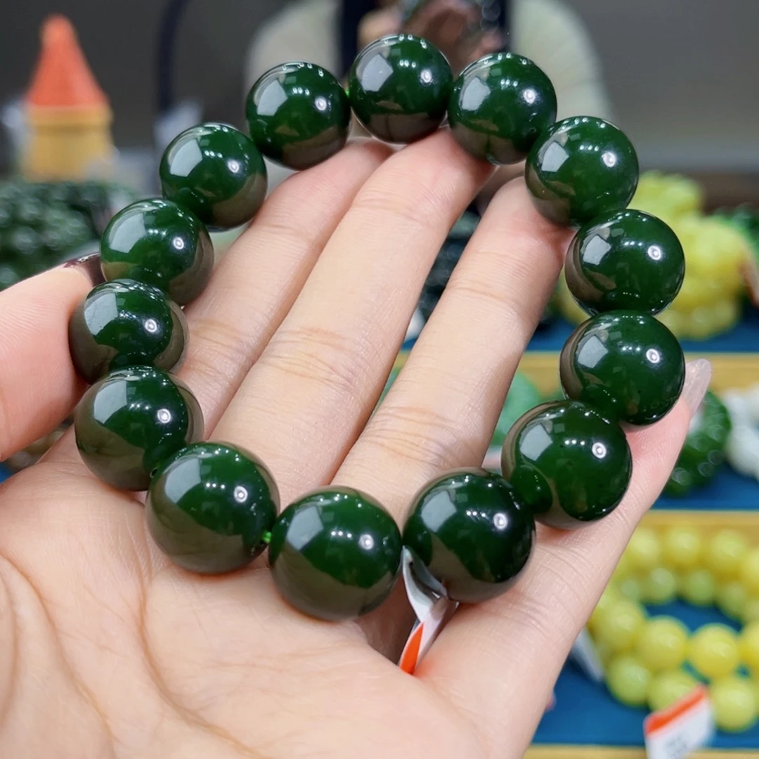 和田玉未镶嵌手链纯天然和田玉俄碧老菠菜绿手串15+
