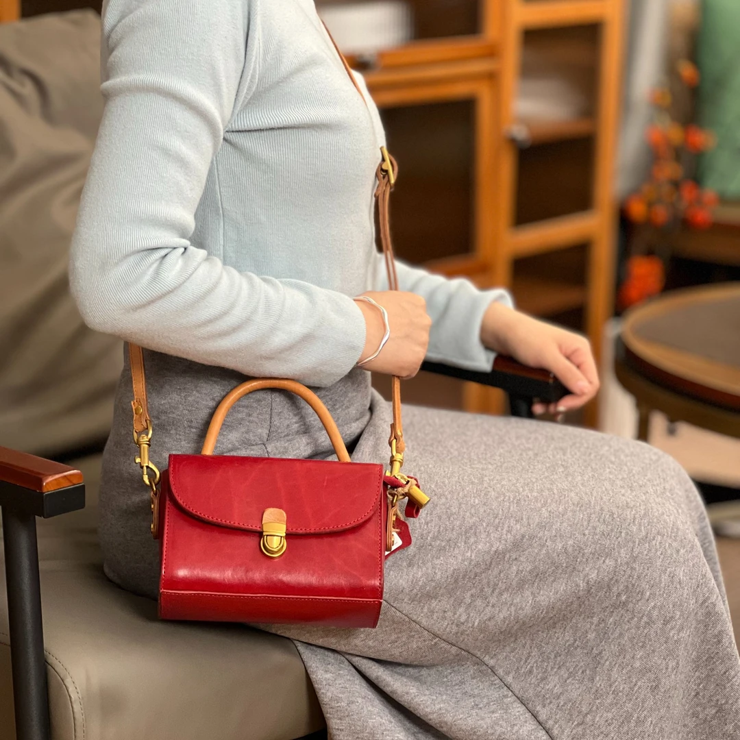 【红火火绿火火】知女植鞣牛皮复古简约文艺风单肩斜挎女包