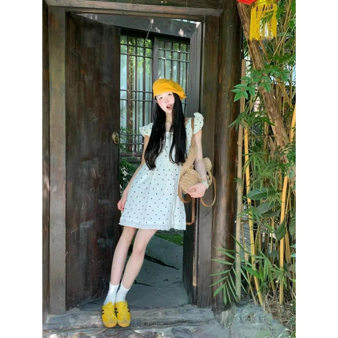 新店福利品 气质甜美白色波点设计感连衣裙