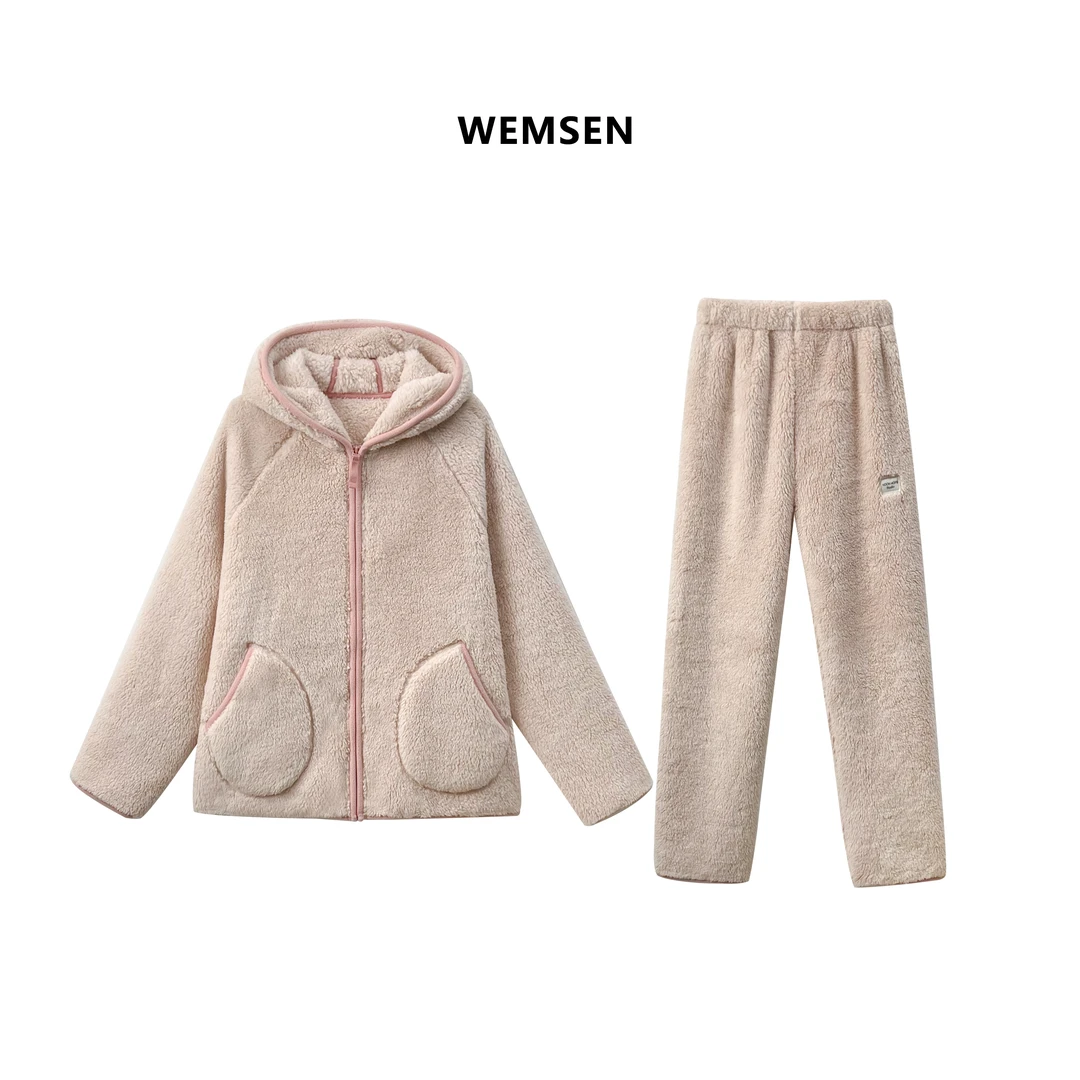 双层复合绒特厚男女情侣冬季连帽保暖宽松家居服可外穿套装