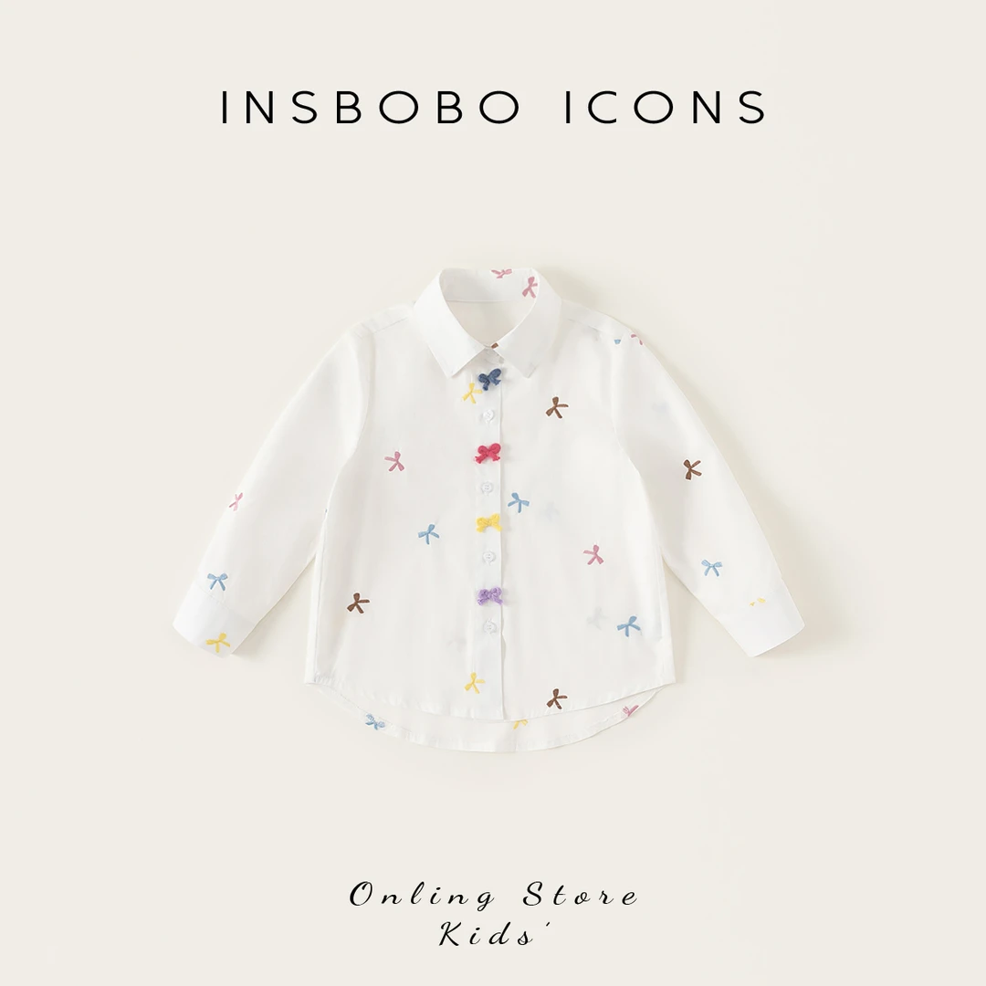 INSbobo儿童蝴蝶结衬衣春季新品上衣蝴蝶结刺绣衬衫CY65024