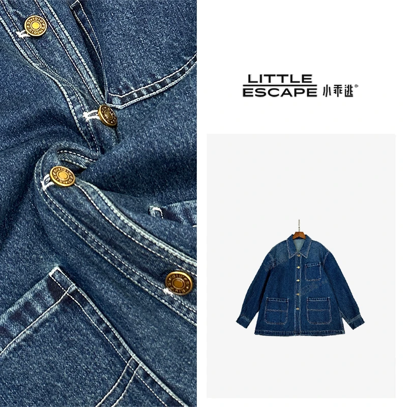 小乖逃翻领排扣单口袋 蓝色水洗牛仔外套 240810