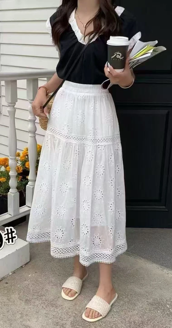 【红姐大码】1881镂空设计感蕾丝半身裙女高腰显瘦仙女长裙A字裙