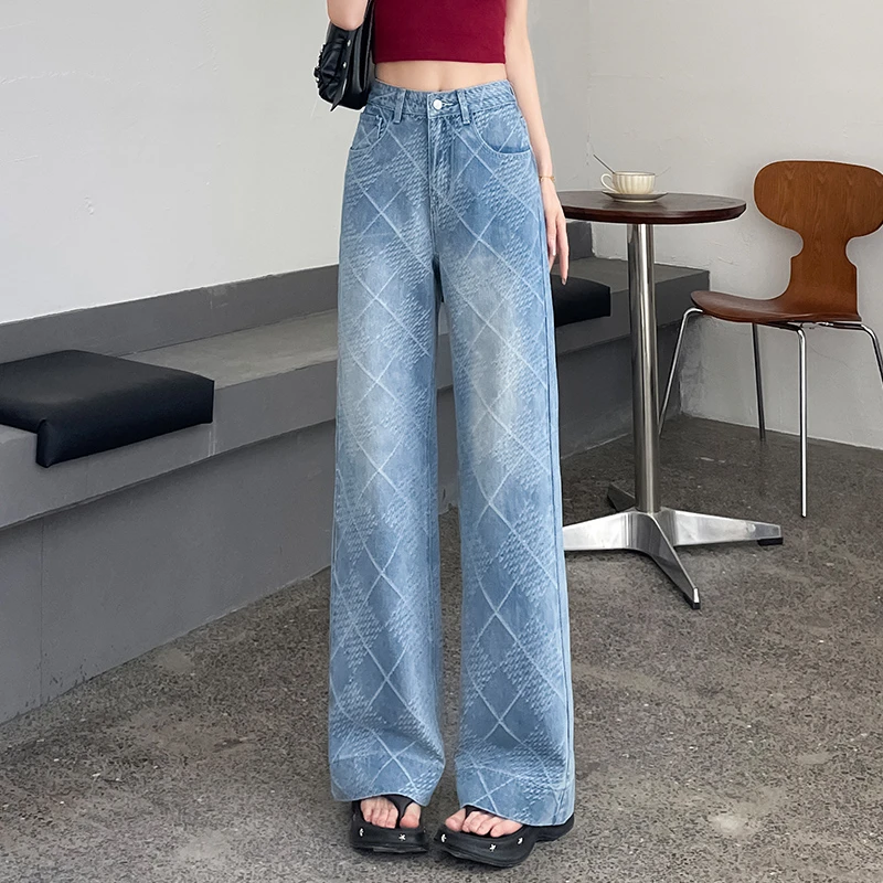 窄版直筒牛仔裤女2025夏季遮腿型高级提花设计感慵懒垂坠感阔腿裤