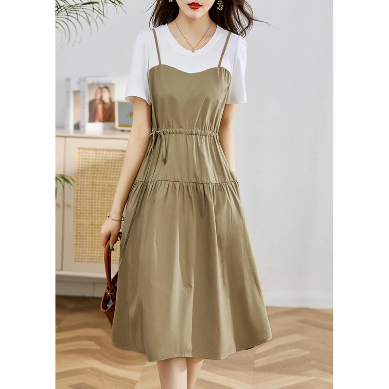 2025夏季法式假两件套短袖吊带孕妇哺乳连衣裙