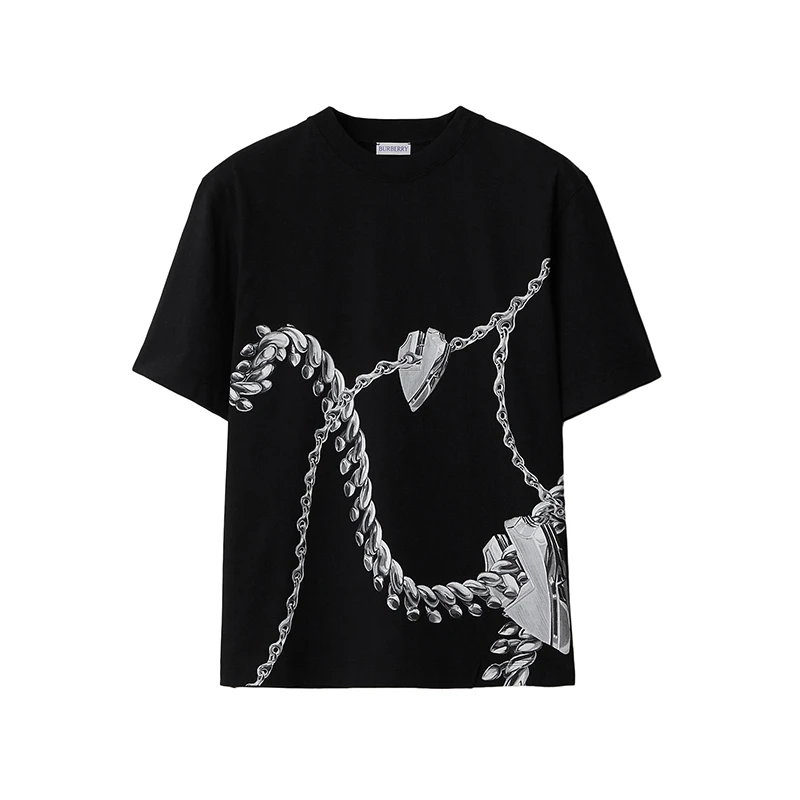 Burberry/博柏利女士黑色纯棉手绘链条印花宽松T恤80881961