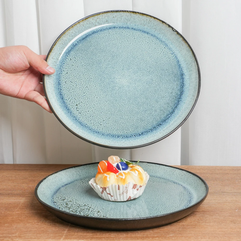 【瑕疵】大盘釉下彩陶瓷盘家用复古窑变浅蓝渐变平盘高级餐盘M6B