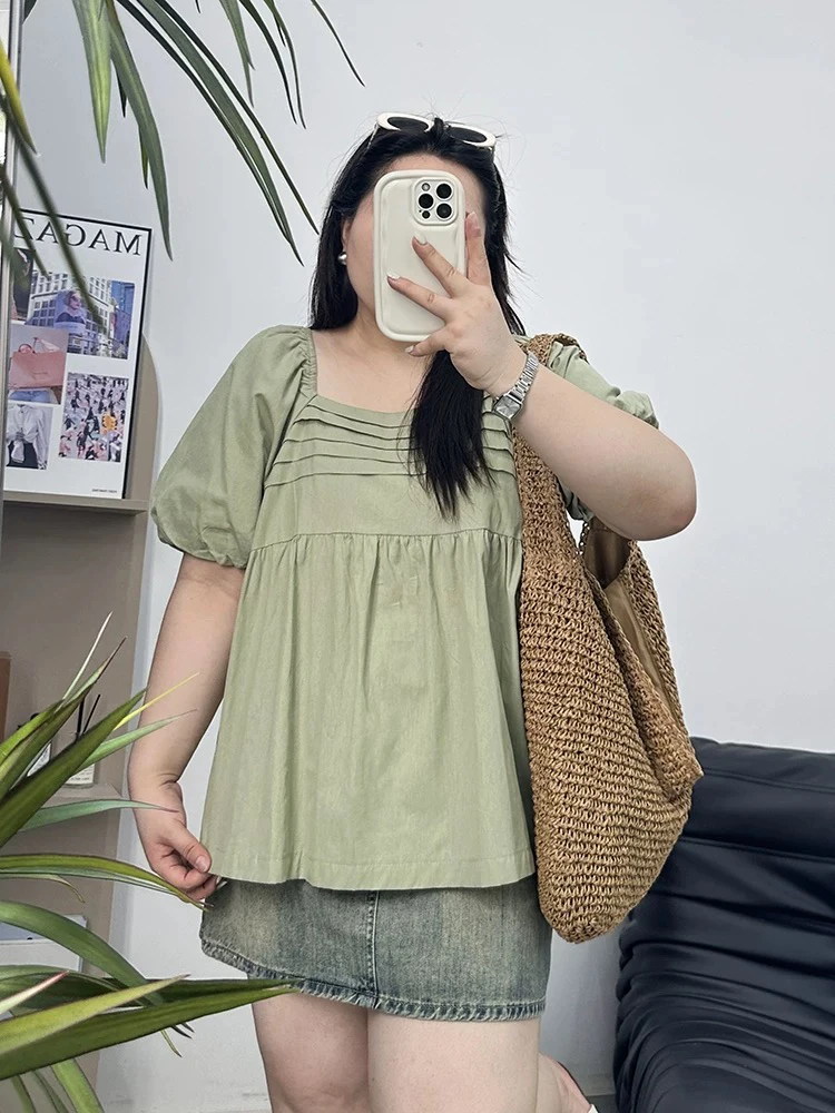 大码法式圆领褶皱短袖衬衫女微胖mm显瘦上衣