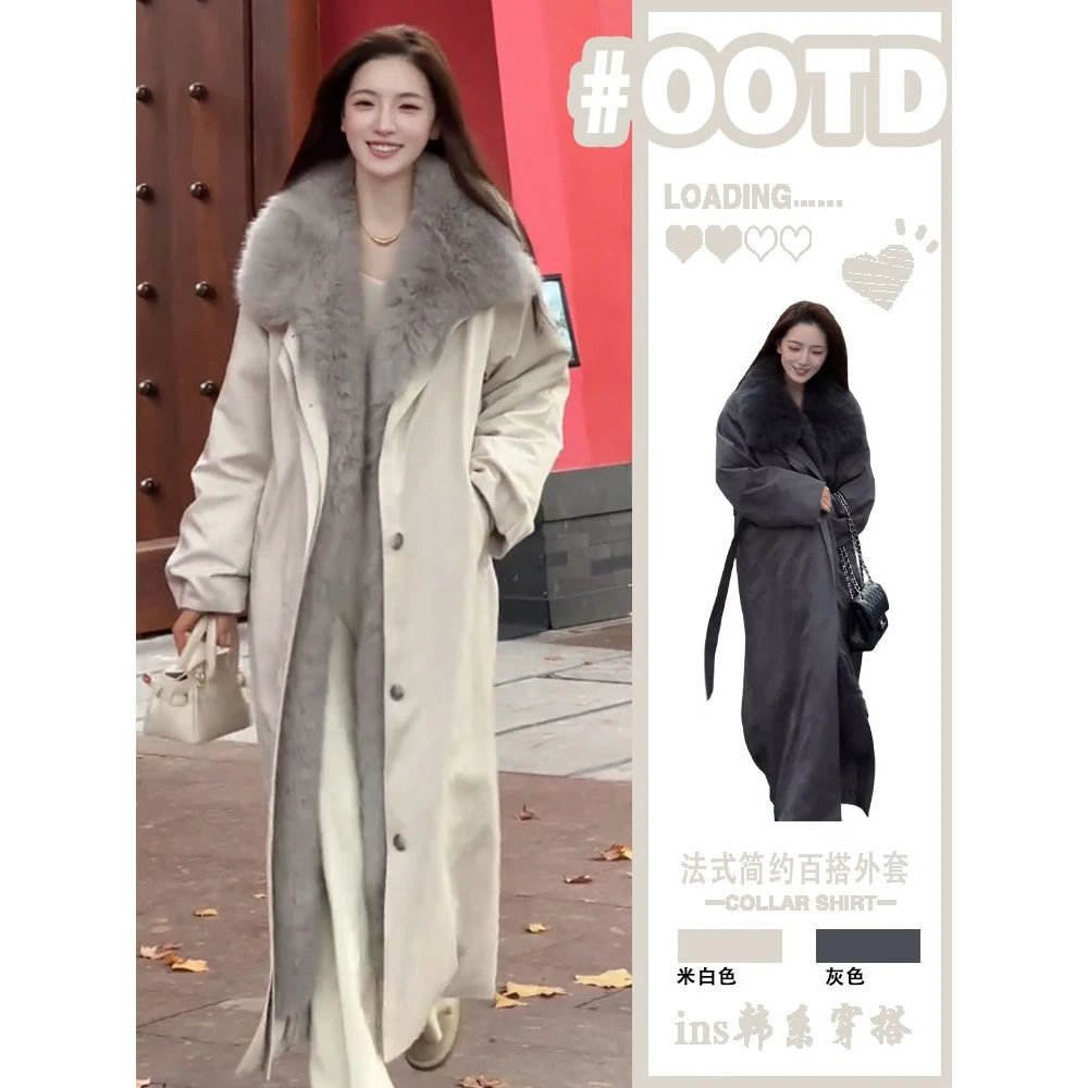 韩系长款环保皮草风衣外套女2025新款加厚毛领派克服显