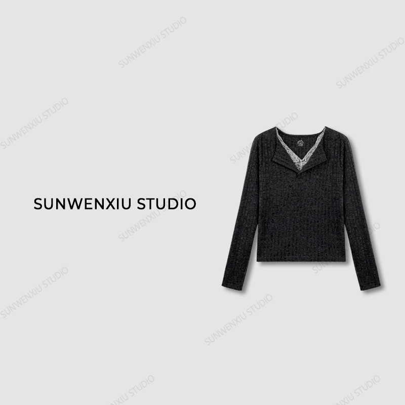 swx studio2店 纯欲大姐姐 早春蕾丝拼接领假两件修身打底衫