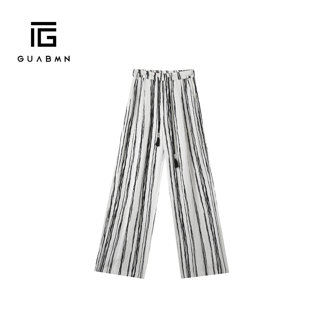 GUABMN2025夏季新款松紧腰抽绳竖条纹阔版直筒阔腿裤初夏穿搭5091