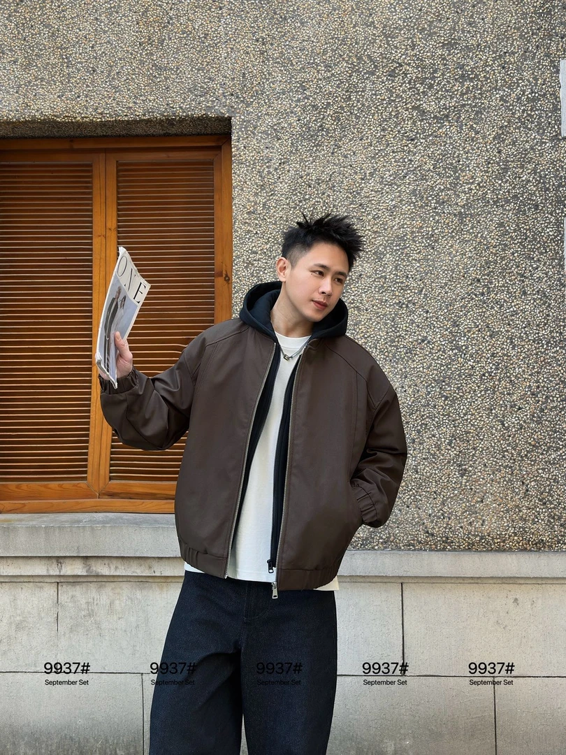 男款加绒加厚冬季拼接欧美风连帽保暖夹克宽松