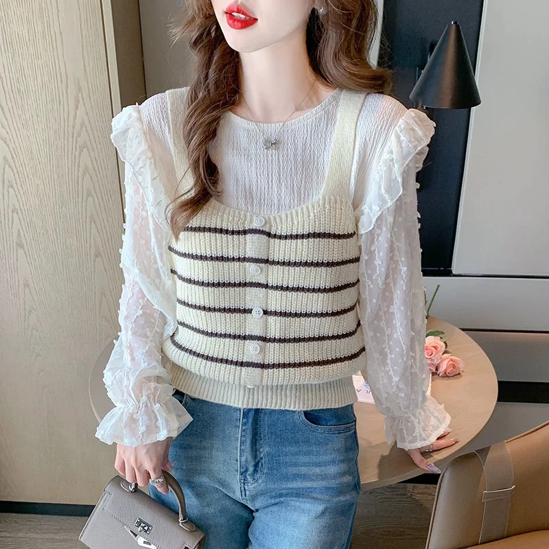 法式圆领荷叶边喇叭长袖衬衫针织吊带背心两件套流苏066