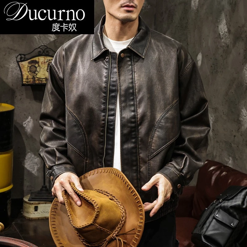 废土风美式休闲重工水洗机车皮衣夹克男夏季潮牌2025新款皮外套