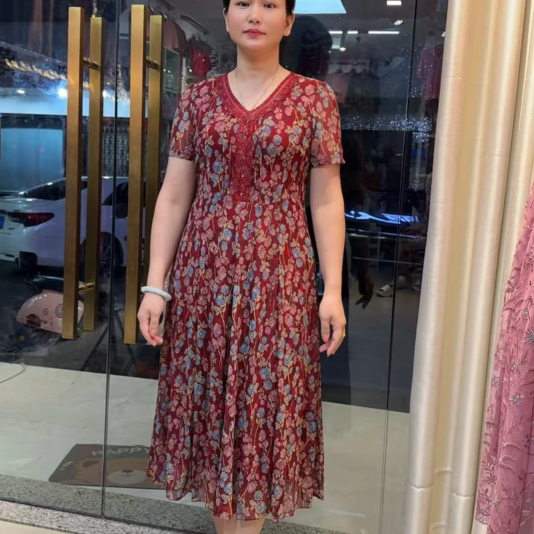 夏季中老年妈妈碎花短袖高腰显瘦中长款连衣裙