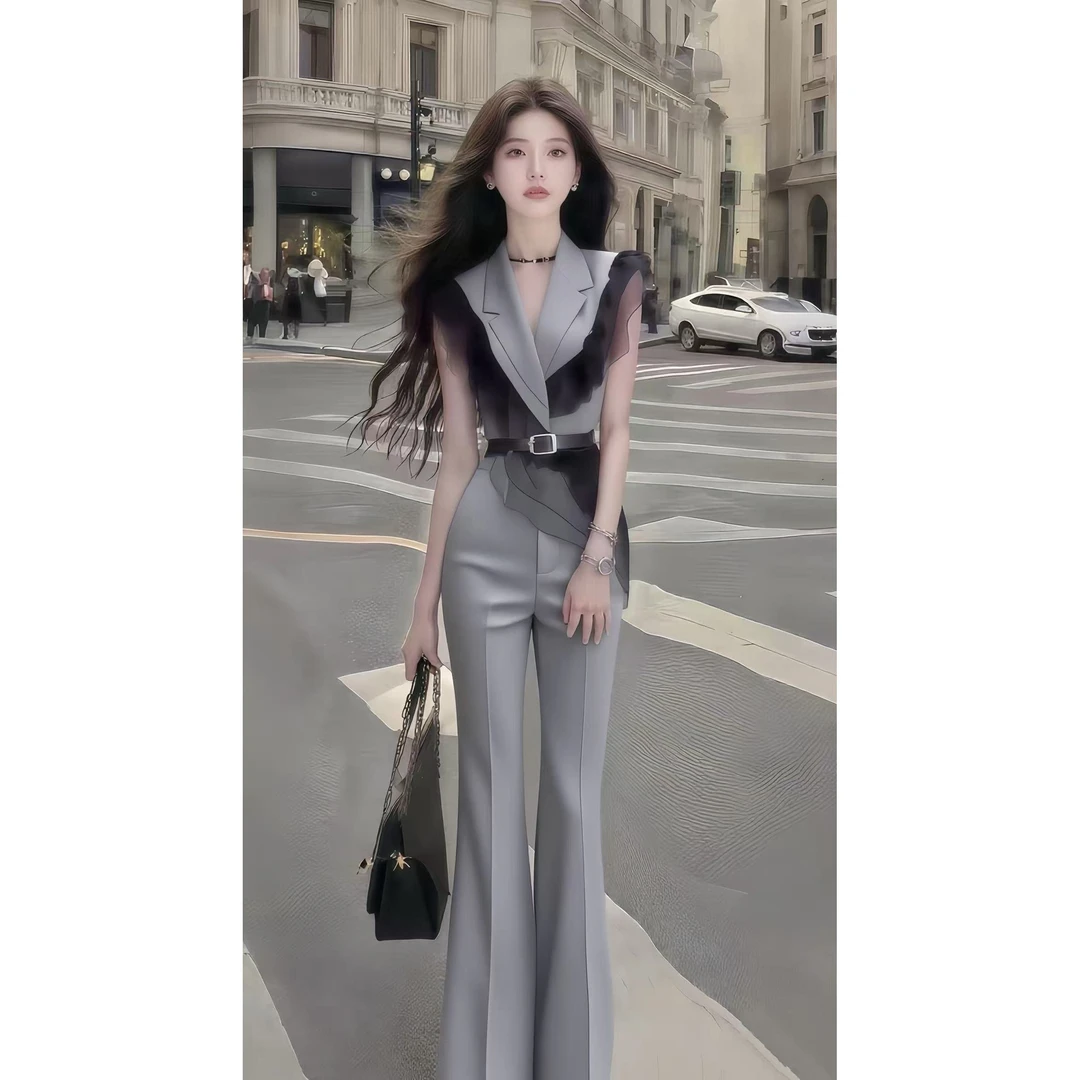 时尚新款灰色无袖V领修身收腰上衣+灰色百搭显瘦长裤女高级两件套