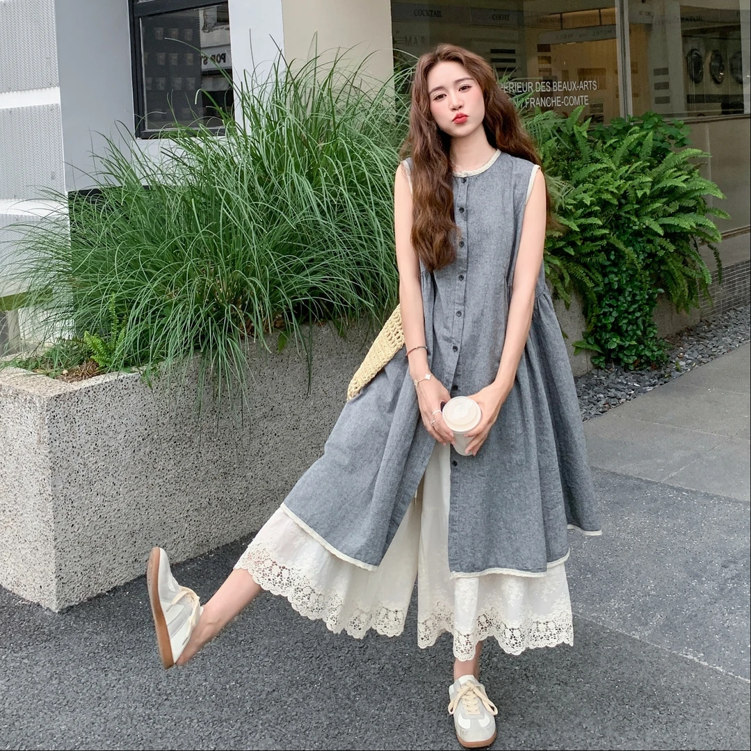 2025夏季新款日系复古文艺森女风宽松版时尚背心连衣裙+白阔腿裤