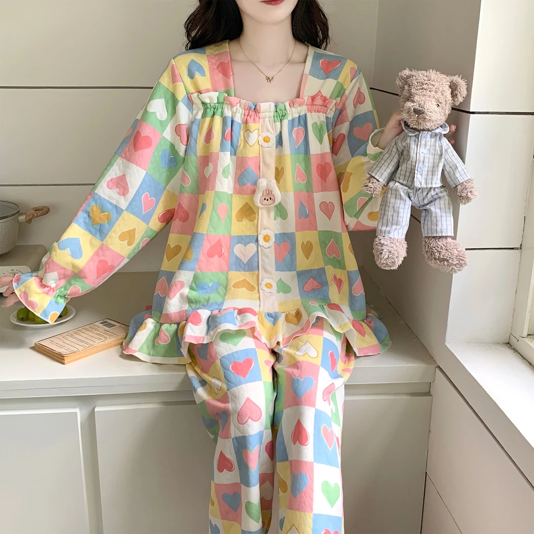 睡衣女秋冬季大码空气棉夹层可外穿25新款开衫兔子套装冬天家居服