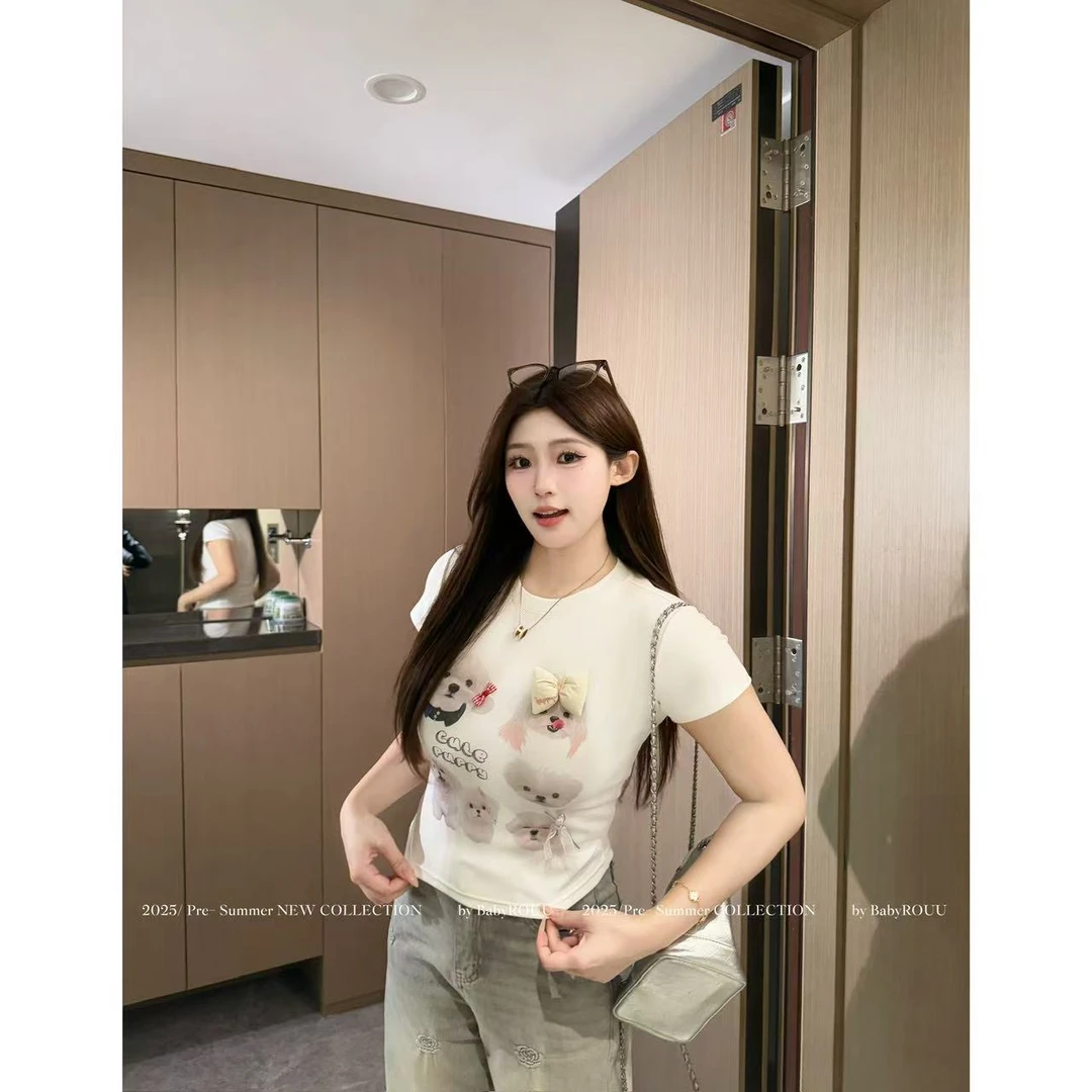 【稚气乐园】温与柔甜酷狗狗印花正肩显瘦短袖T恤上衣