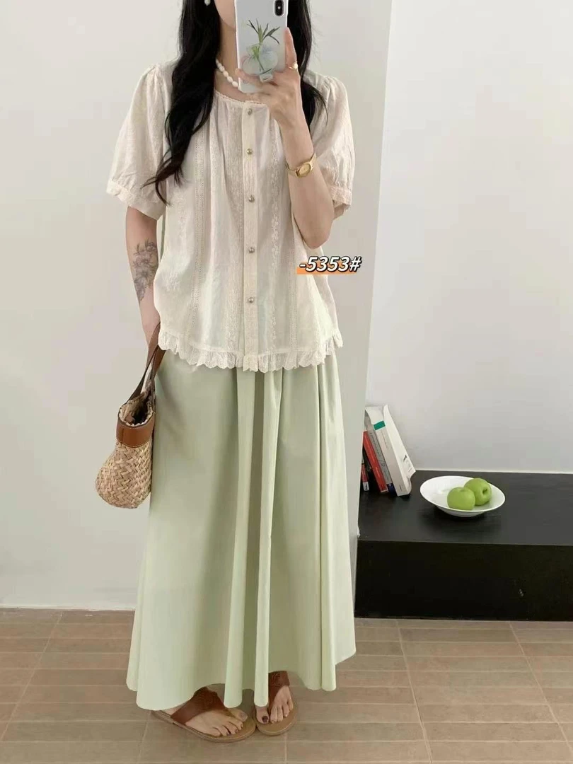 森系时尚拼接短袖泡泡袖重工国风夏季套装