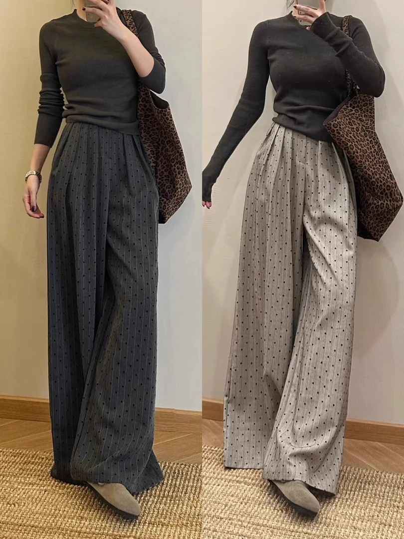 杏色波点裤子女秋季2025年新款慵懒松弛感条纹西装裤拖地阔腿长裤