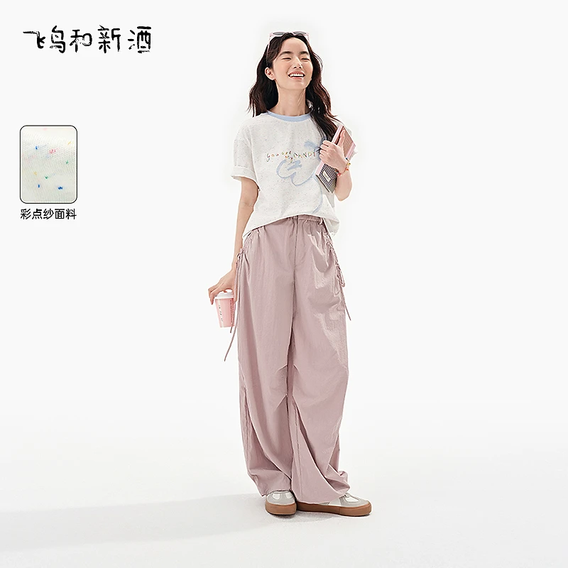 飞鸟和新酒白色印花短袖T恤女夏宽松短款纯棉圆领上衣FD530091069