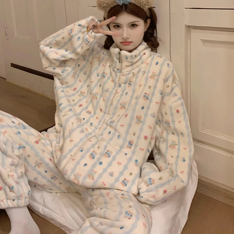 珊瑚绒睡衣女冬季立领拉链可爱秋冬款加绒加厚法兰绒保暖家居服