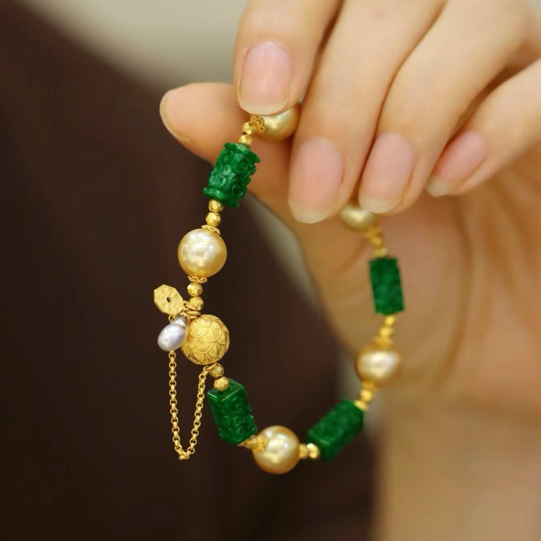 18k金天然海水金珠9-10mm珍珠通体搭配18k金精致配干青翡翠富贵气