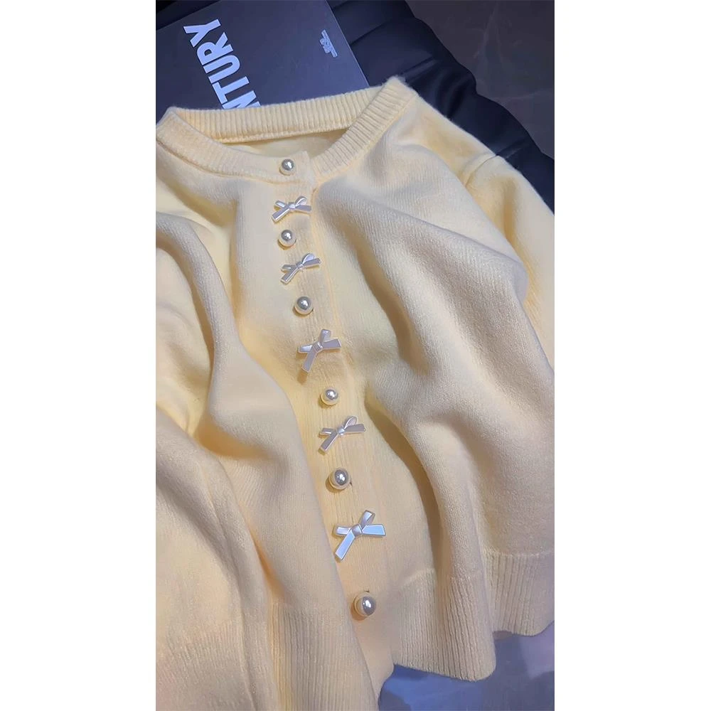 VOCKOO官方奶油黄色蝴蝶结针织女士开衫2025年新的初秋韩式秋季温