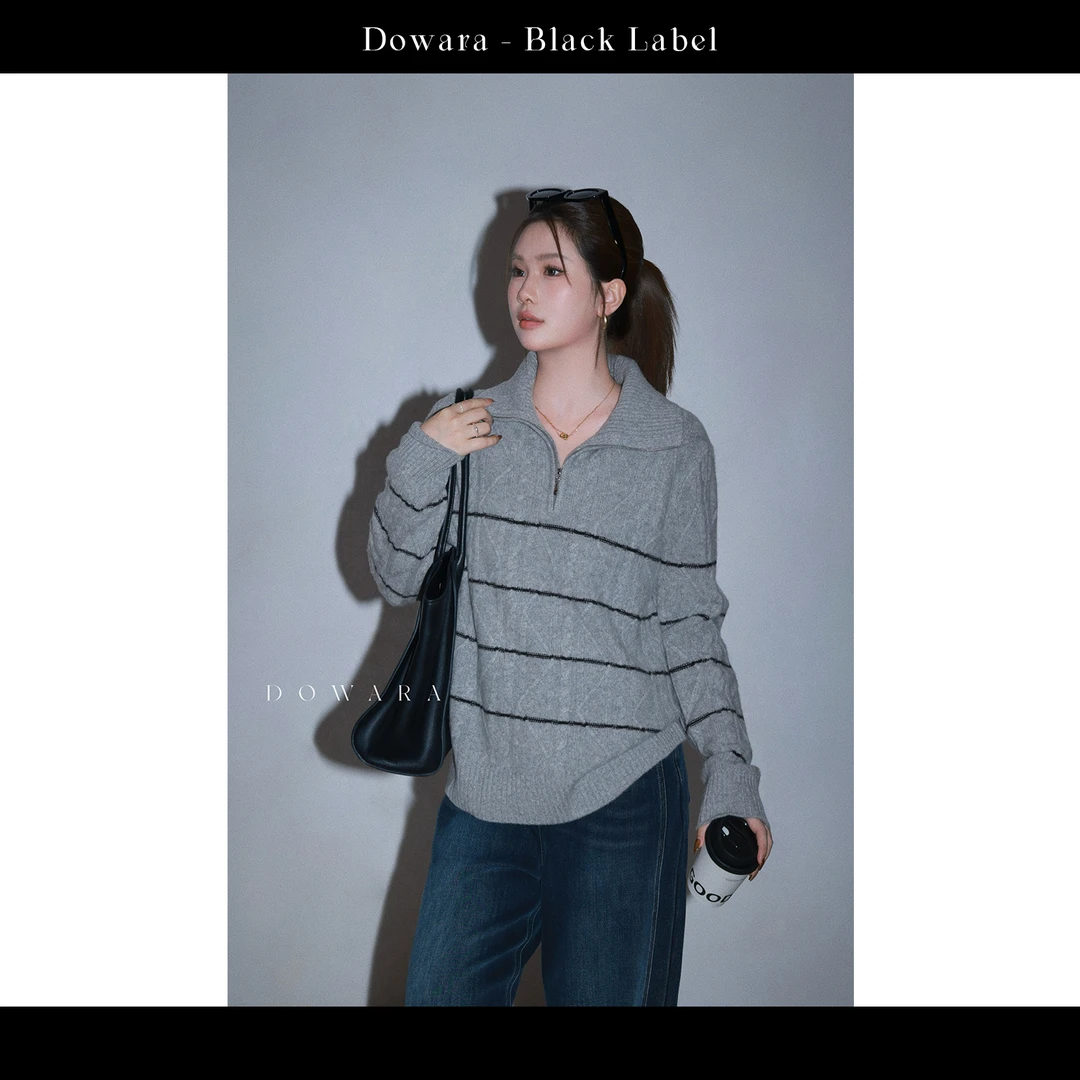 现货大婉酱黑标【极地灰域】韩系绵羊毛针织衫冬条纹拉链毛衣0432D