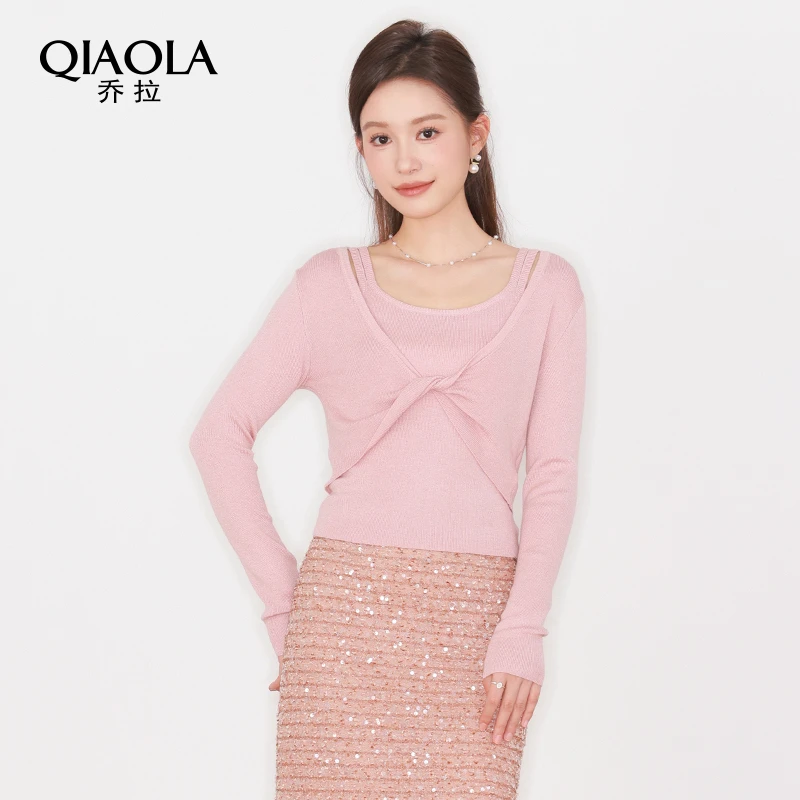 QIAOLA/乔拉【粉露佳人】秋冬季毛织扭结梭织亮片轻奢时尚套装预售