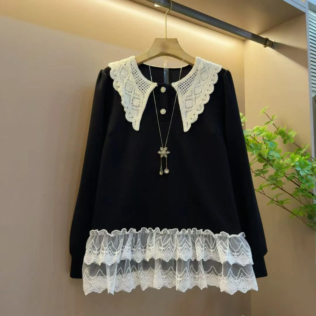 简约秋季新款设计感花边娃娃领拼接蕾丝款丝绒上衣（长64左右）