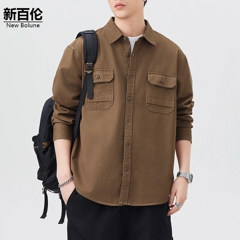 新百伦/NEW BOLUNE美式长袖衬衫男2025秋季新款潮流宽松衬衣外套