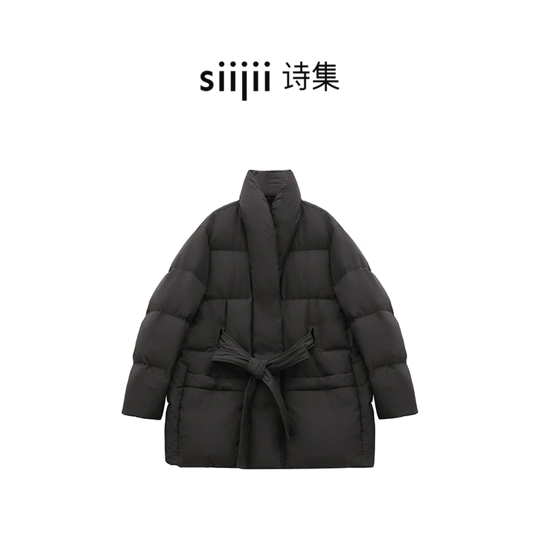 90白鸭绒纯色绑带款宽松羽绒服冬季时尚保暖简约外套