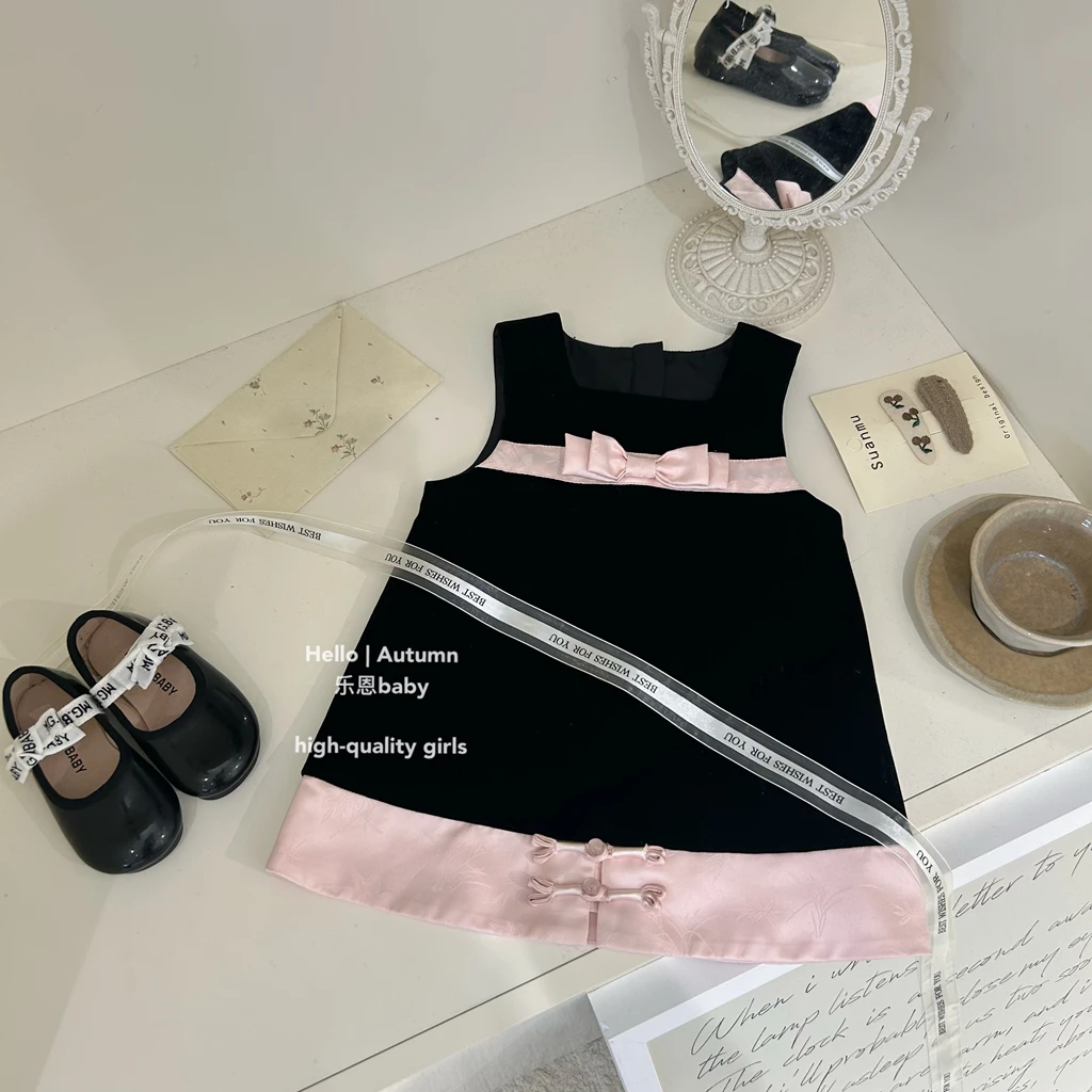 现货【乐恩童装】女童冬季国风背心加绒裙宝宝时髦连衣裙加厚公主裙