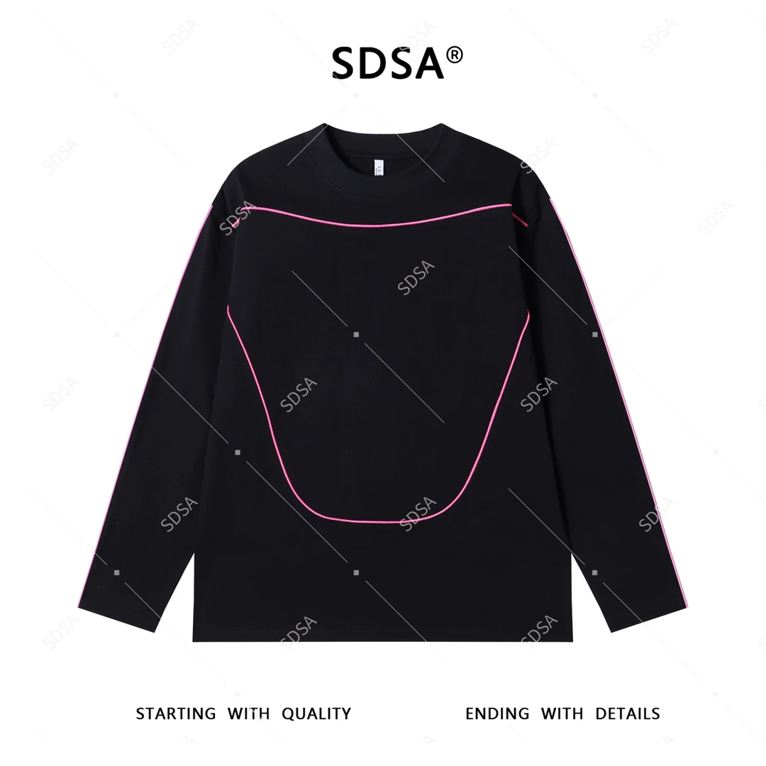 SDSA男士秋冬新款轻奢痞帅男装简约撞色线条圆领长袖T恤宽松潮牌