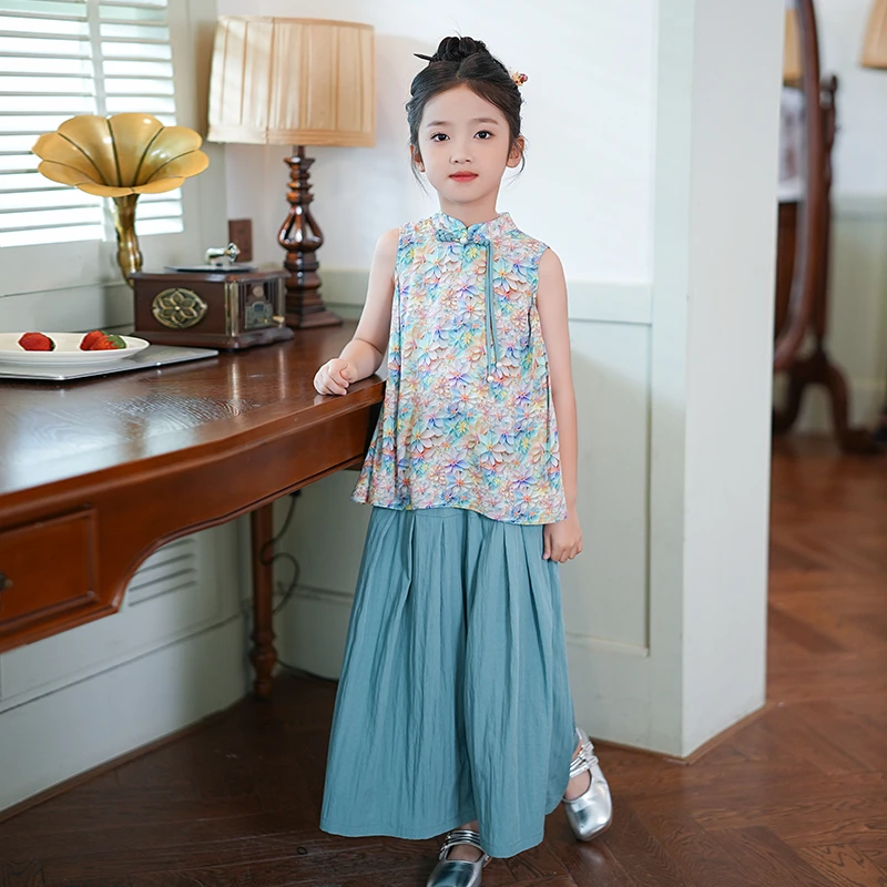 0769230【玉芙花楹】女童套装2025夏季新款新中式碎花上衣阔腿裤