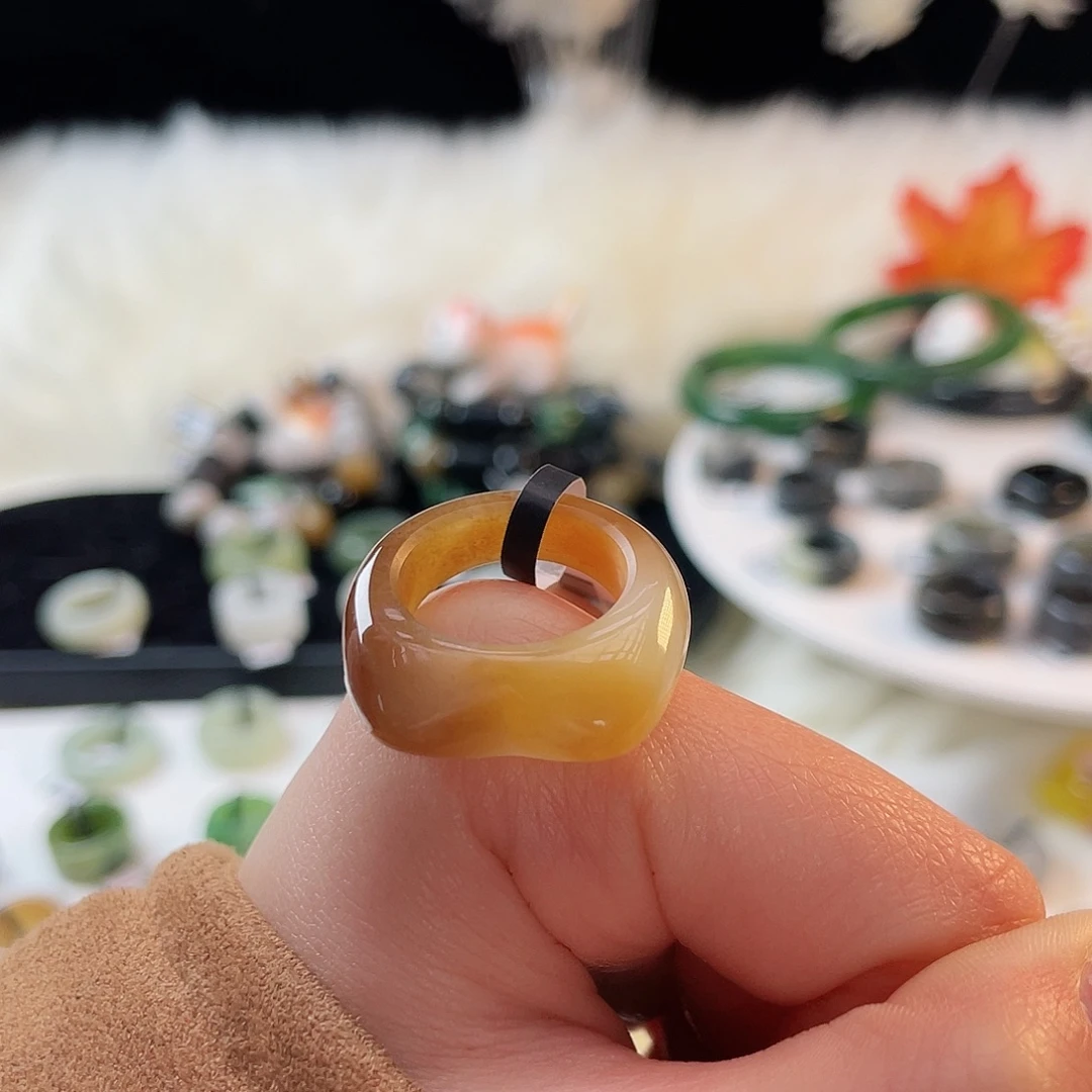 和田玉未镶嵌戒指k43金橘渐变猫耳17.1mm