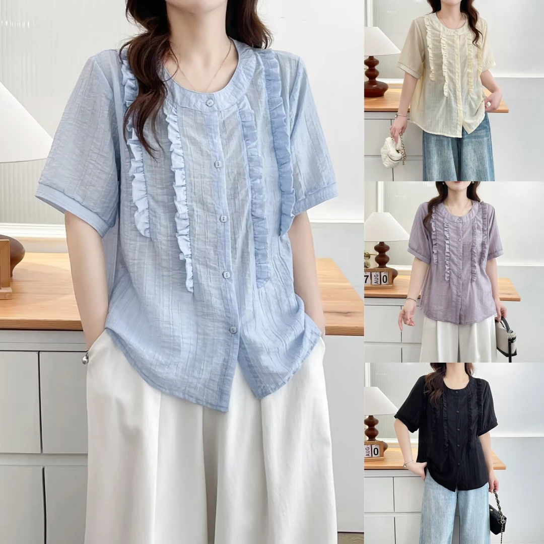 荷叶边夏季衬衫时尚女装法式短袖设计感气质圆领大板型微胖mm衬衣