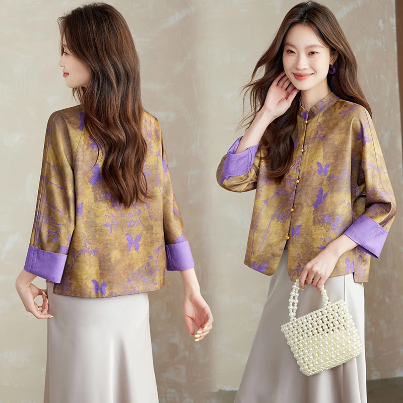 2025年秋季薄款双面穿印花拼接插肩袖单排扣新中式外套长袖上衣