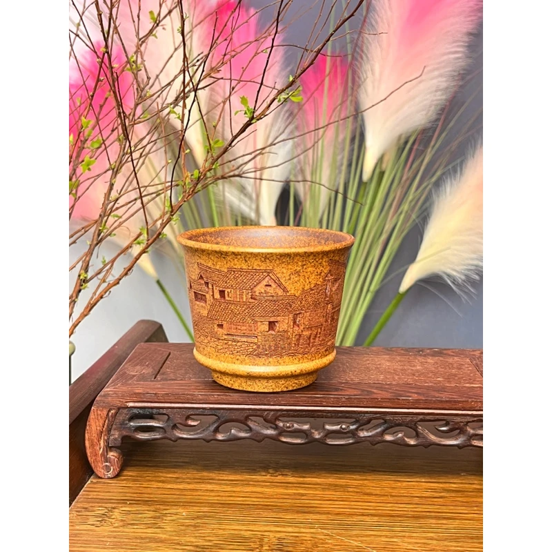 116宜兴紫砂茶具龙骨金砂手工刻绘江南情主人杯品茗杯