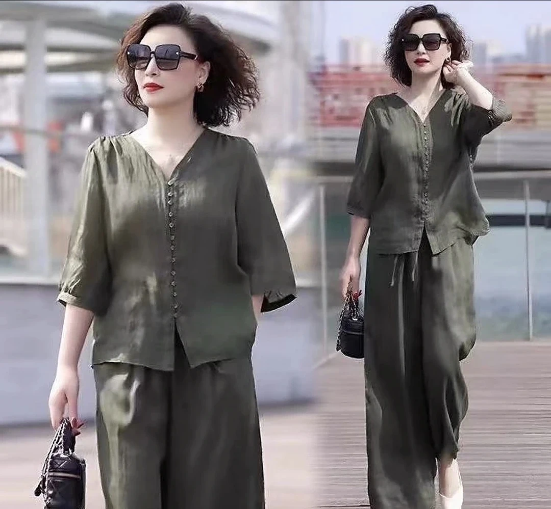 套装宽松大码气质洋气时尚休闲夏阔腿百搭女士复古薄款春夏减龄1