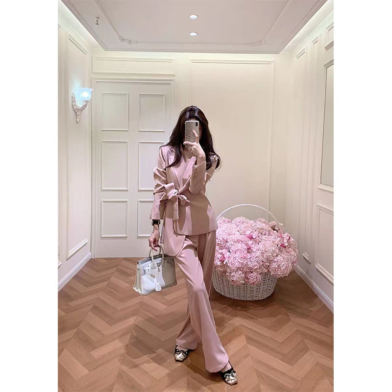 秋季小众设计感通勤风修身显瘦百搭时尚上衣休闲简约直筒长裤套装