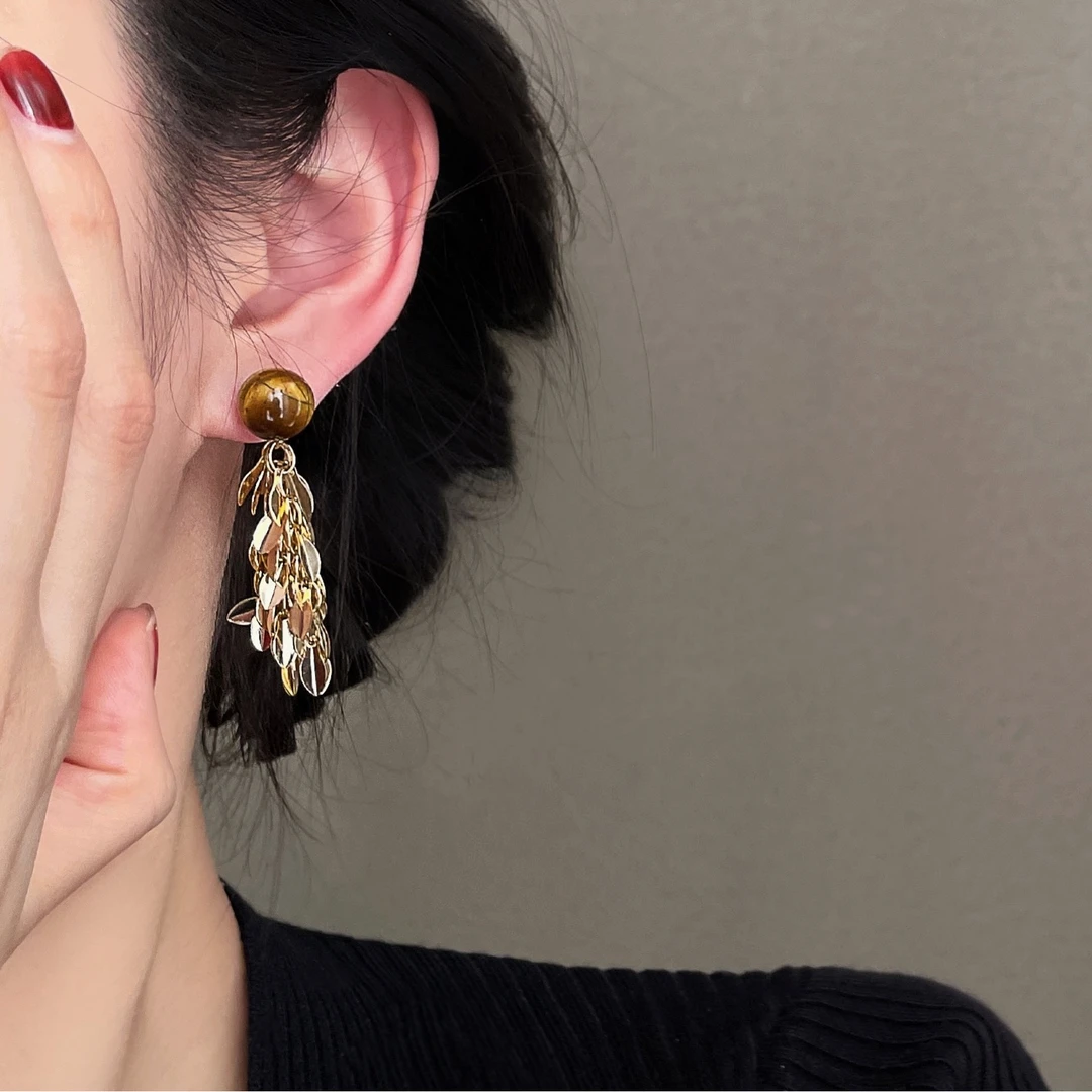 铜合金耳饰 【收丰满秋】银针金属树叶流苏耳环高级感小众百搭耳