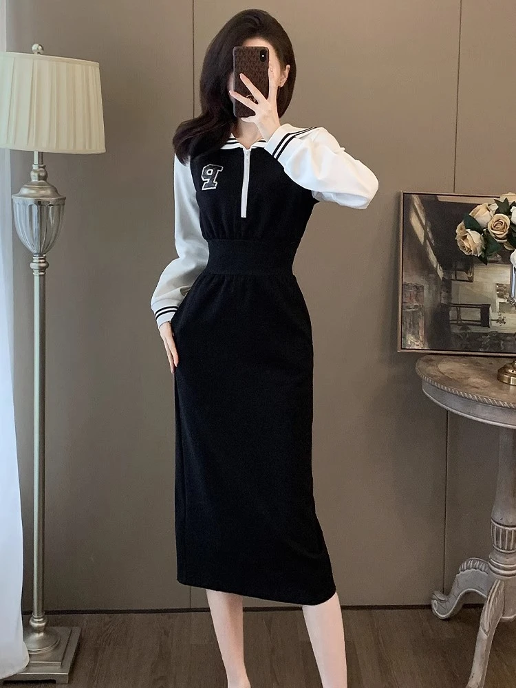 高级感休闲撞色拼接连衣裙女春秋新款洋气减龄收腰显瘦气质中长裙